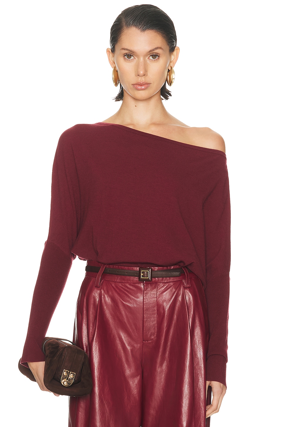 Image 1 of SIMKHAI Lavina Draped Off Shoulder Sweater in Cranberry