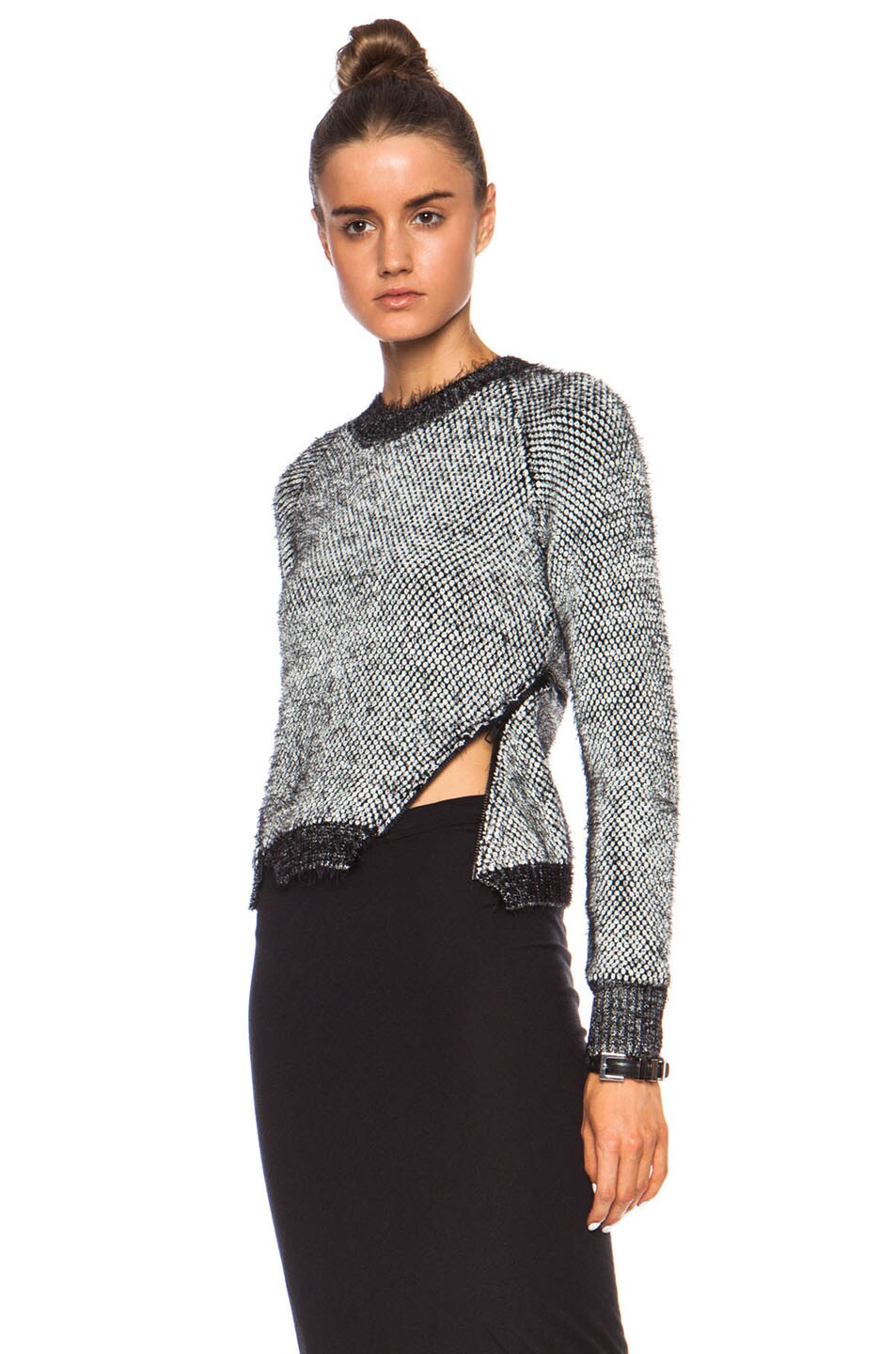 Image 1 of SIMKHAI Texture Mesh Zip Sweater in Black & White