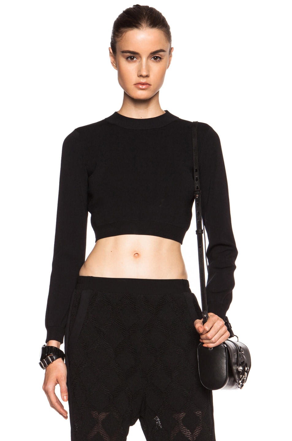 Image 1 of SIMKHAI Solid Viscose-Blend Knit Crop Crew Neck Sweater in Black