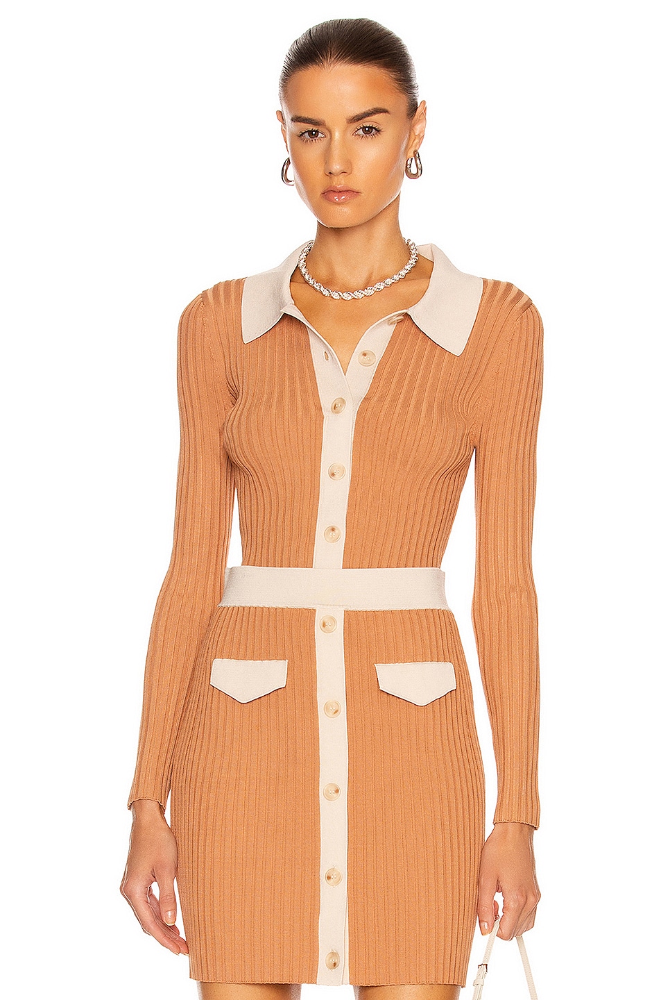 Image 1 of SIMKHAI Elsie Cut Out Polo Cardigan in Camel Combo