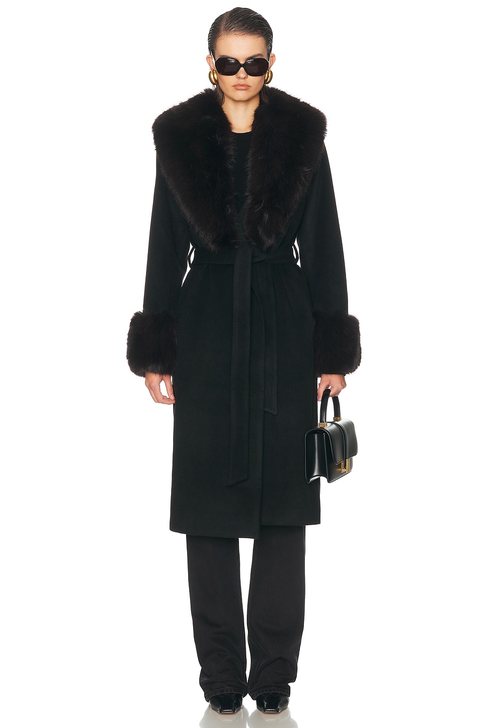 SIMKHAI Kinsley Belted Long Coat in Black