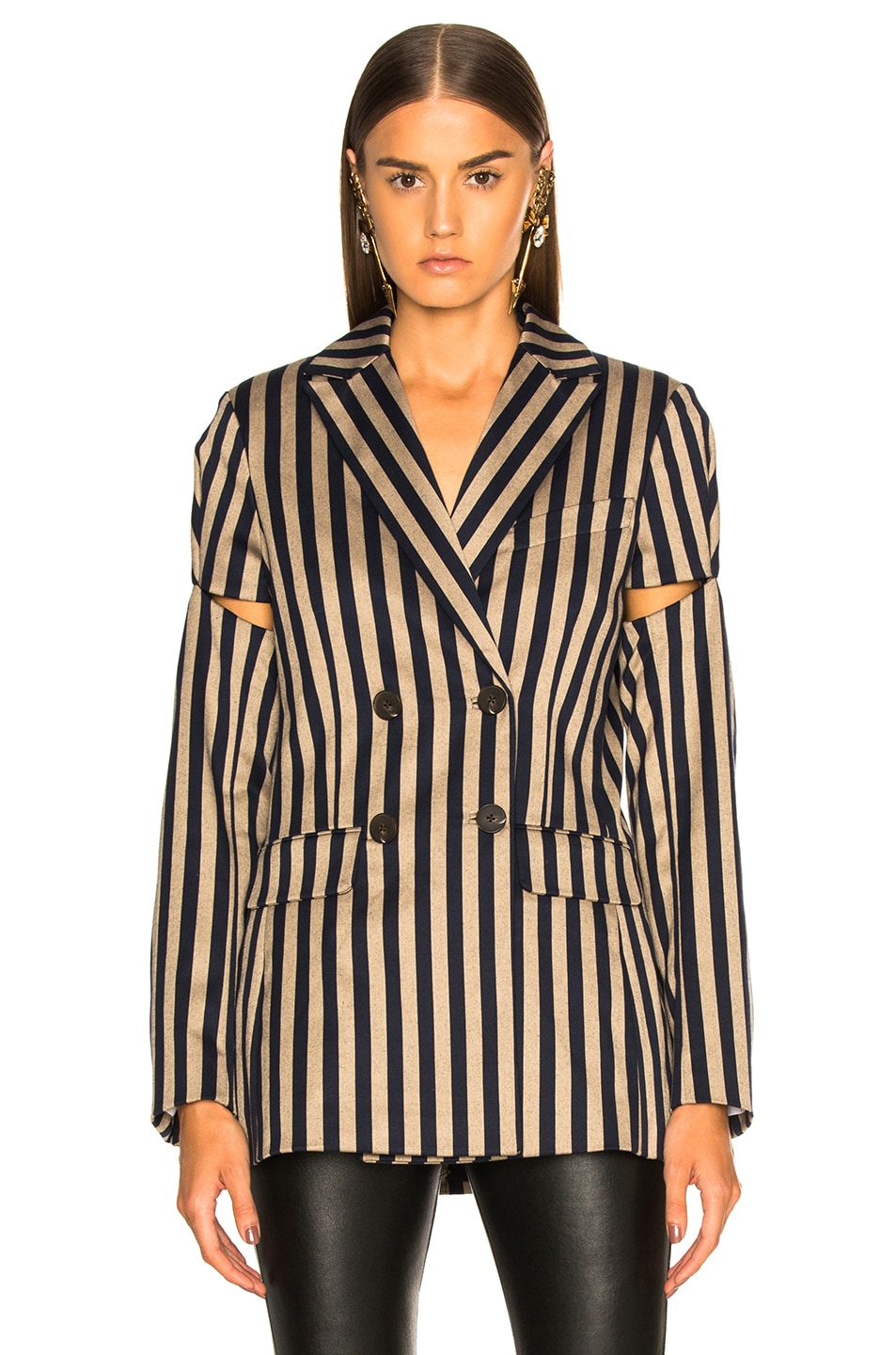 Image 1 of SIMKHAI Stripe Double Breasted Jacket in Midnight & Khaki