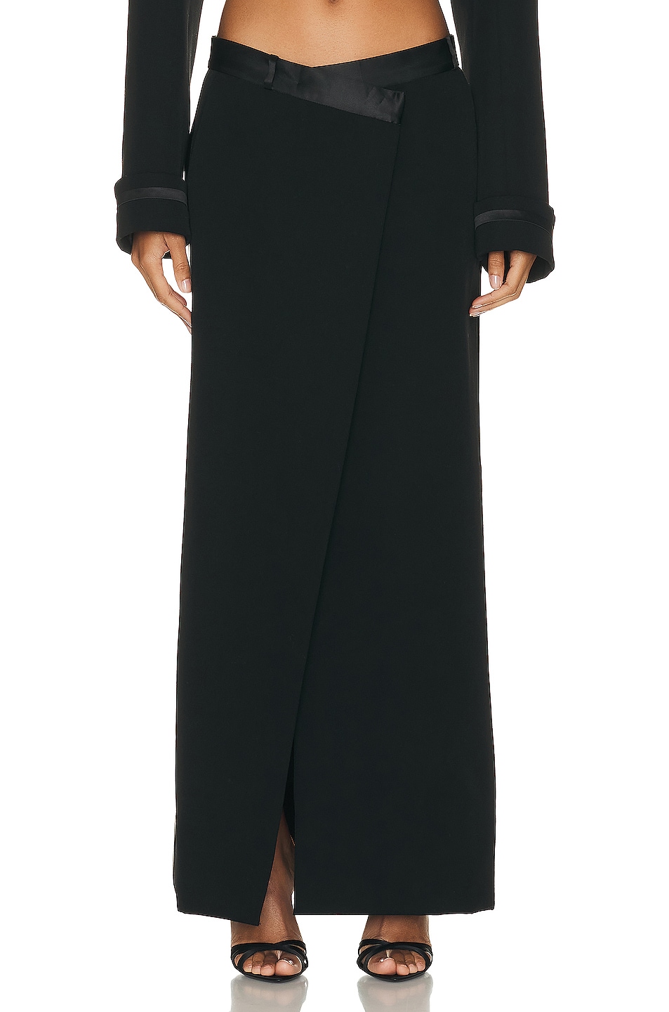Image 1 of SIMKHAI Clarisse Satin Combo Overlap Maxi Skirt in Black