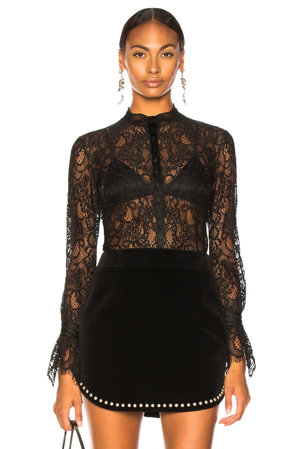 Image 1 of SIMKHAI Mixed Lace Ruched Bodysuit in Black