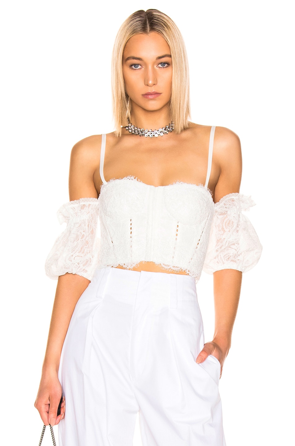 Image 1 of SIMKHAI Multimedia Corded Lace Bustier Top in White