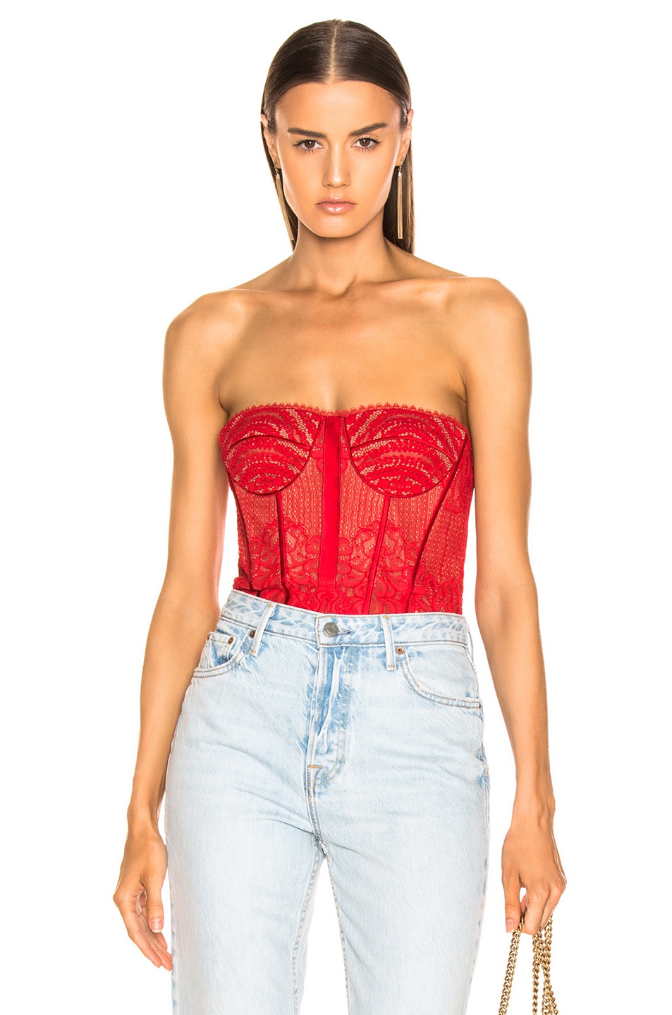 Image 1 of SIMKHAI Mixed Lace Bustier Bodysuit in Fire Red