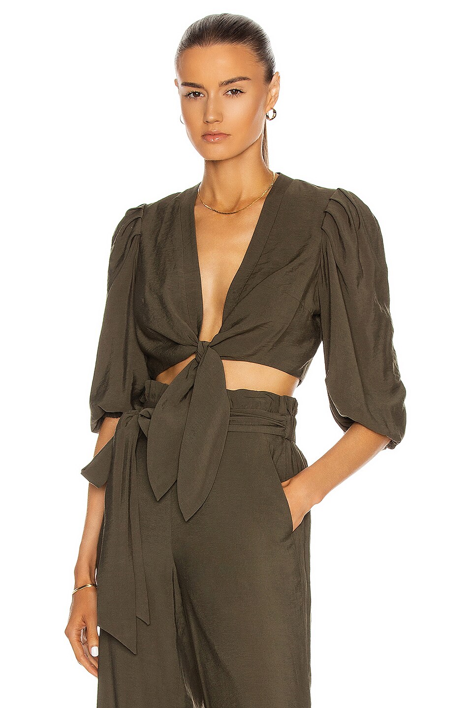 Image 1 of SIMKHAI Adria Tie Front Puff Sleeve Top in Army Green