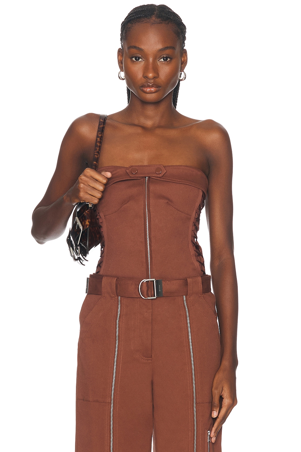 Shop Simkhai Sasha Zip Up Bustier Top In Chestnut