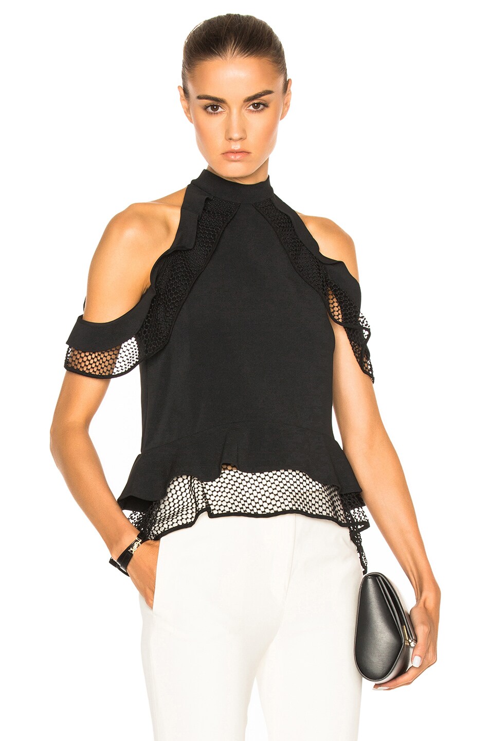 Image 1 of SIMKHAI Window Pane Lace Cold Shoulder Top in Black