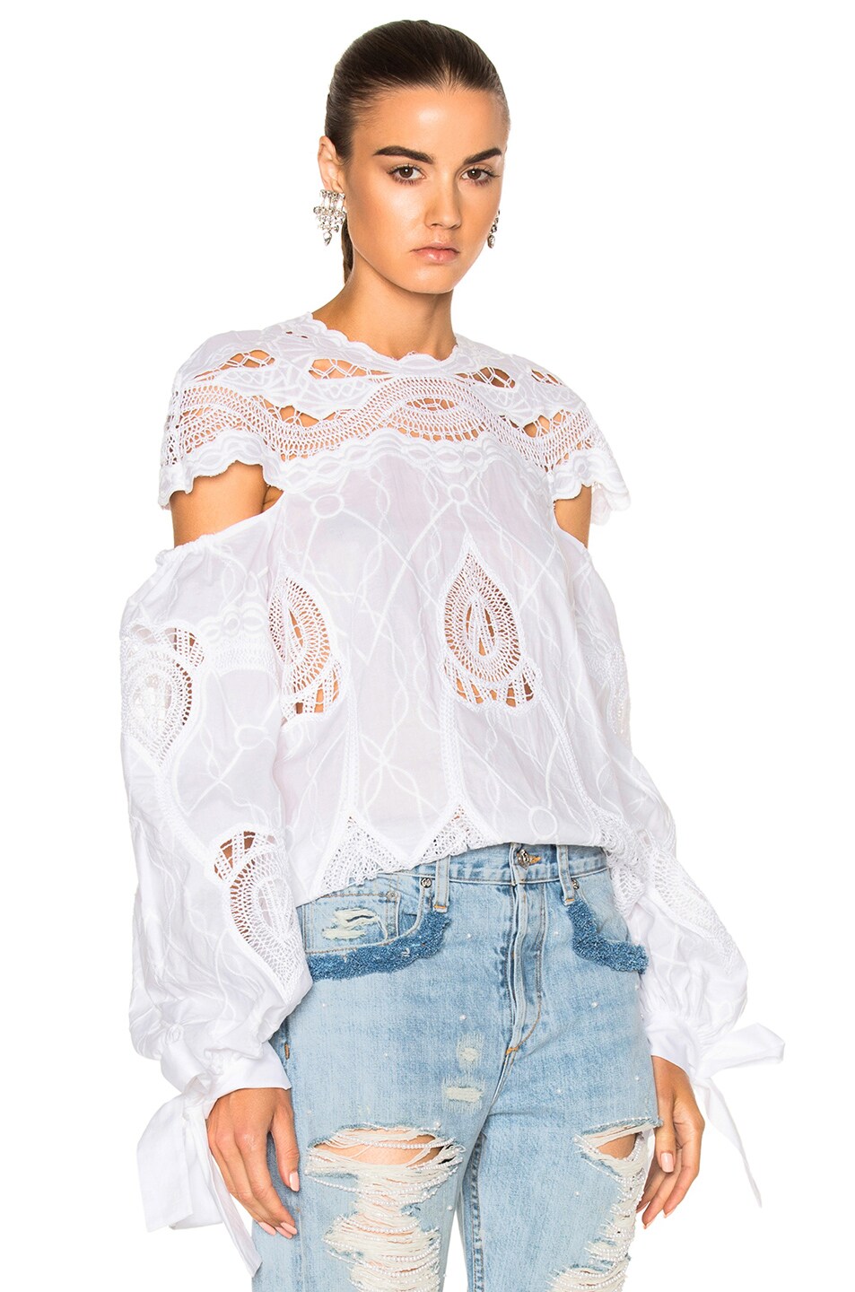 Image 1 of SIMKHAI Crochet Embroidered Blouson Sleeve Blouse Top in White