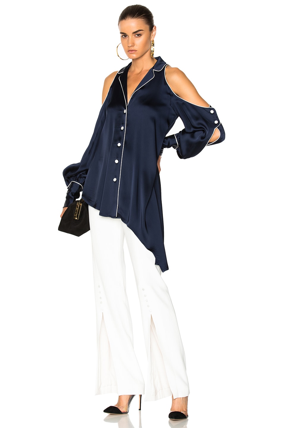 Image 1 of SIMKHAI Solid Sateen Cold Shoulder Blouse in Midnight