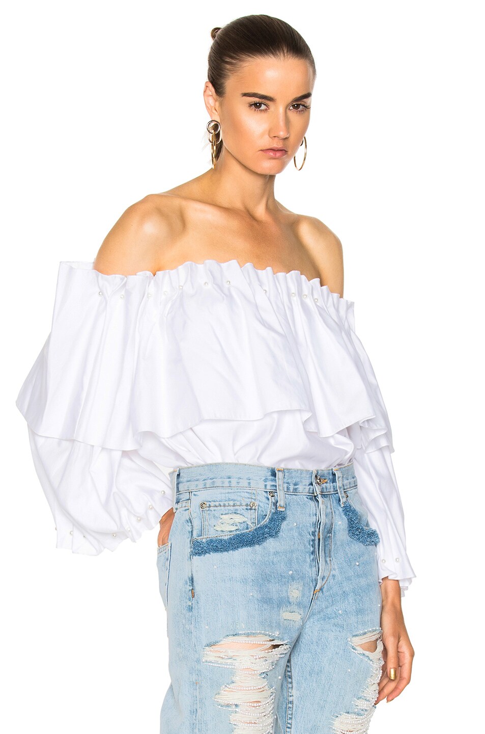 Image 1 of SIMKHAI Pearl Gathered Off the Shoulder Top in White