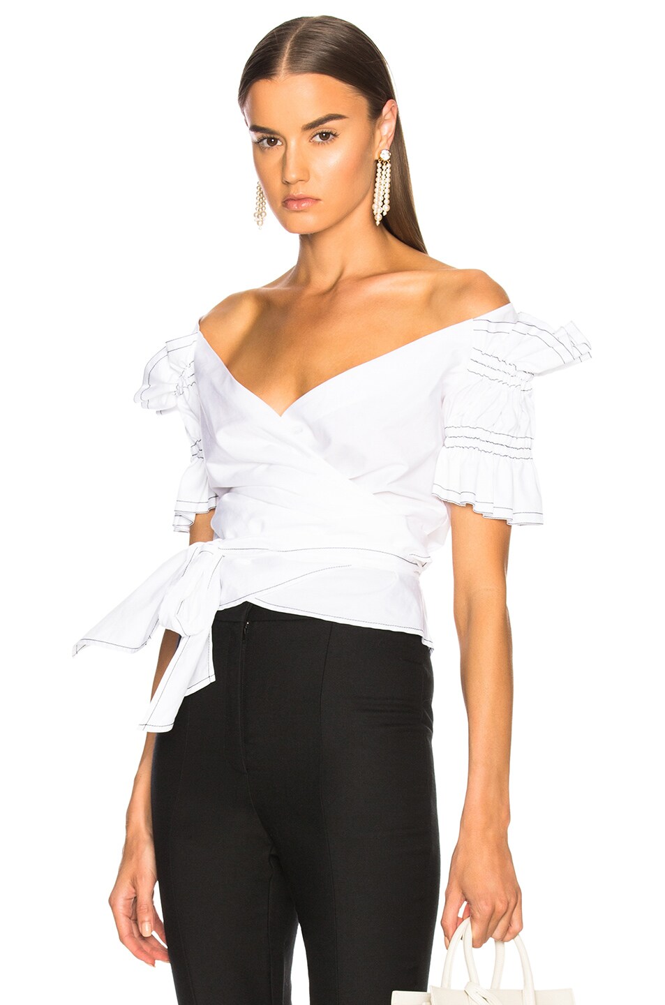 Image 1 of SIMKHAI Ruched Cotton Off Shoulder Wrap Top in Ivory