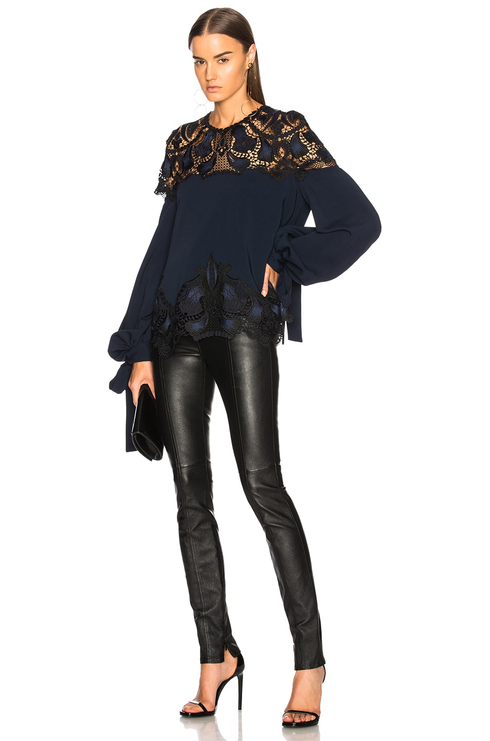 Image 1 of SIMKHAI Crepe Applique Tie Sleeve Blouse in Midnight