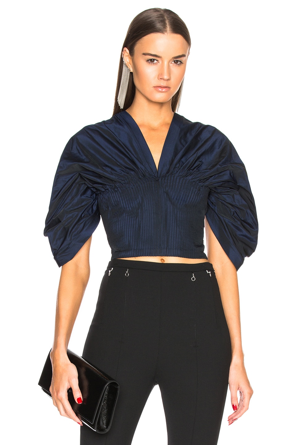 Image 1 of SIMKHAI for FWRD Ruched Taffeta Off Shoulder Wrap Top in Midnight