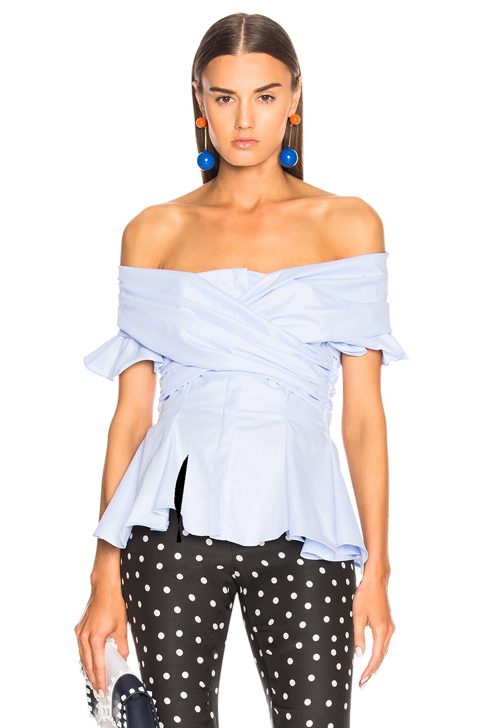 Image 1 of SIMKHAI Wrapped Oxford Off Shoulder Peplum Top in Sky Blue