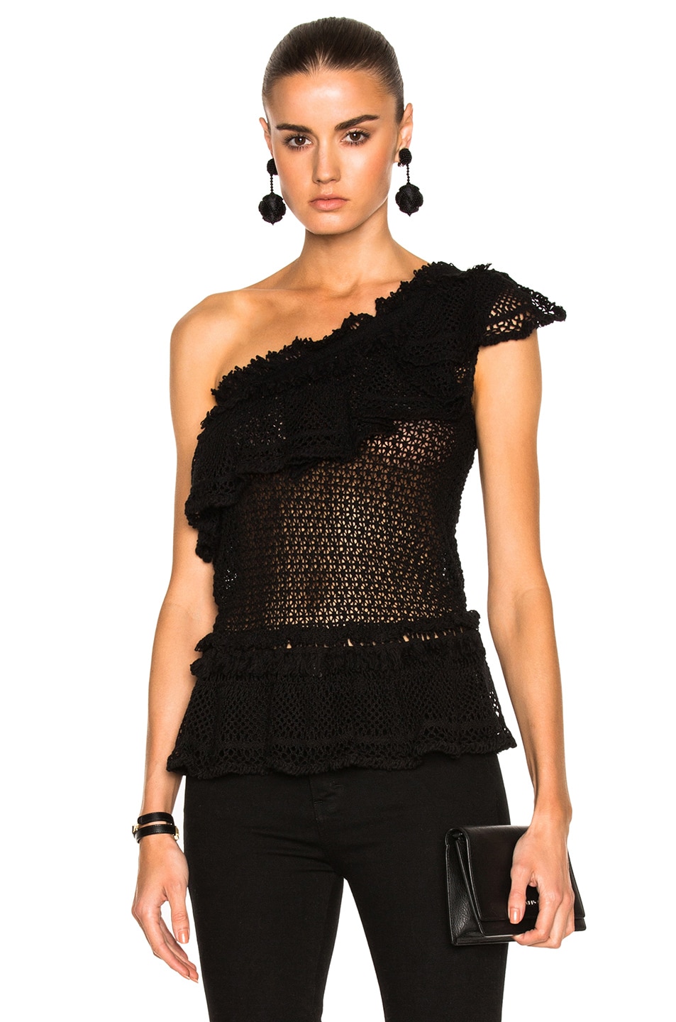 Image 1 of SIMKHAI Ruffle Crochet Asymmetric Peplum Top in Black