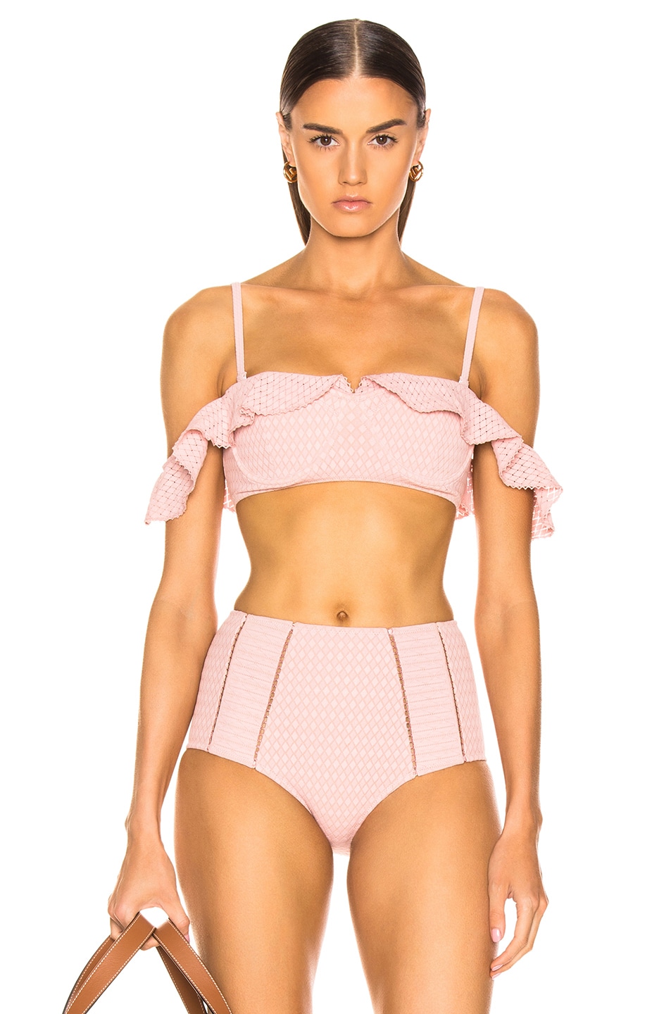 Image 1 of SIMKHAI Lace Ruffle Cold Shoulder Bikini Top in Rose