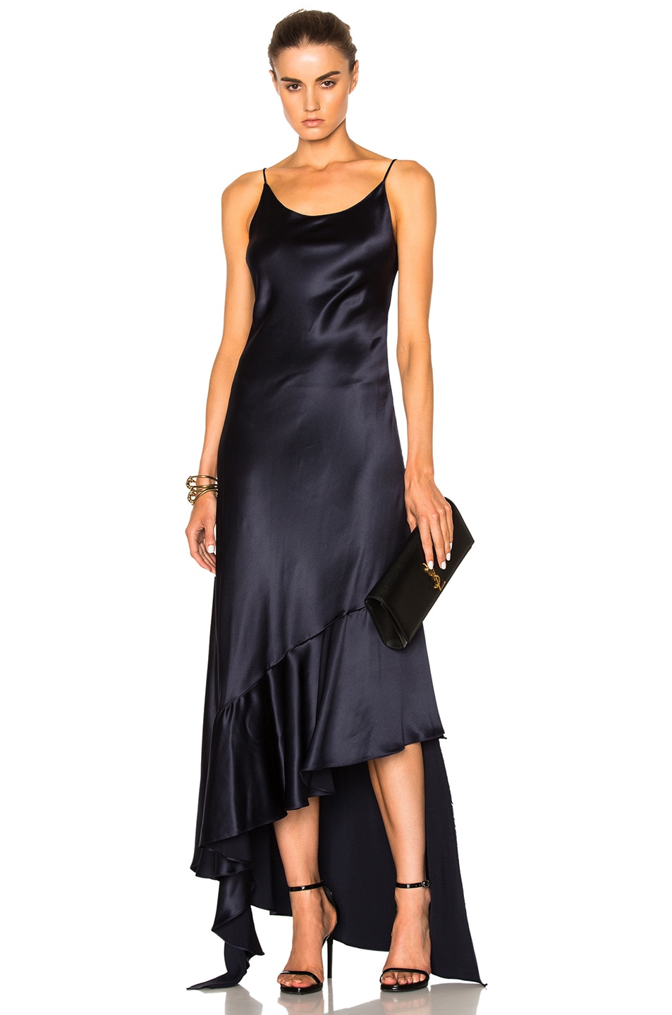 Image 1 of Juan Carlos Obando Esmeralda Silk Crepe Back Satin Asymmetrical Dress in Midnight