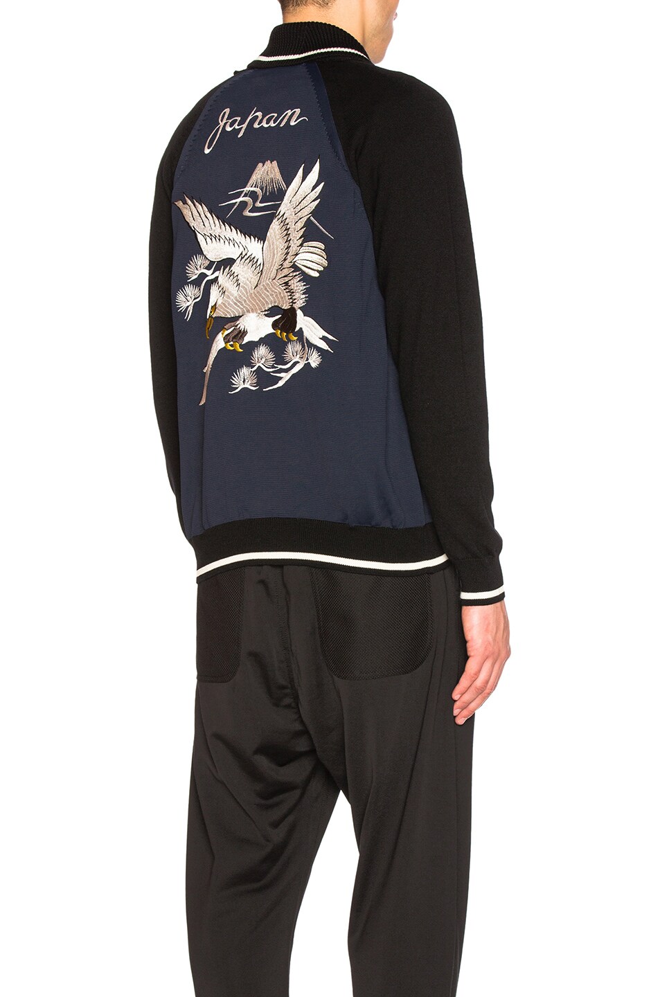 Image 1 of Junya Watanabe Polyester & Wool Jersey Eagle Pattern Embroidered Jacket in Black & Navy
