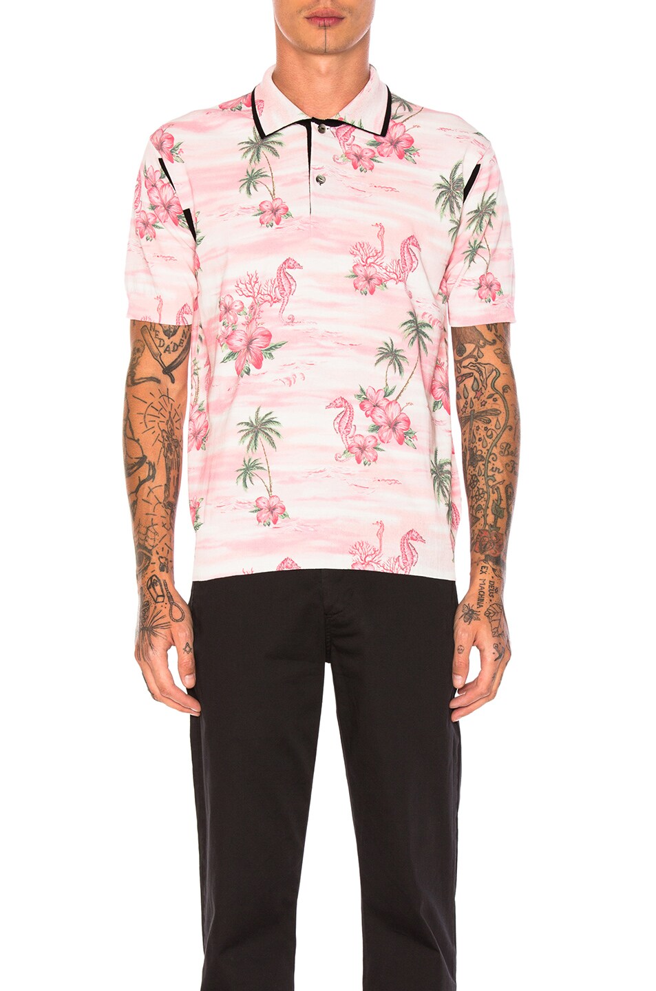 Image 1 of Junya Watanabe Thin Cotton & Wool Jersey Aloha Pattern Print Polo in Pink