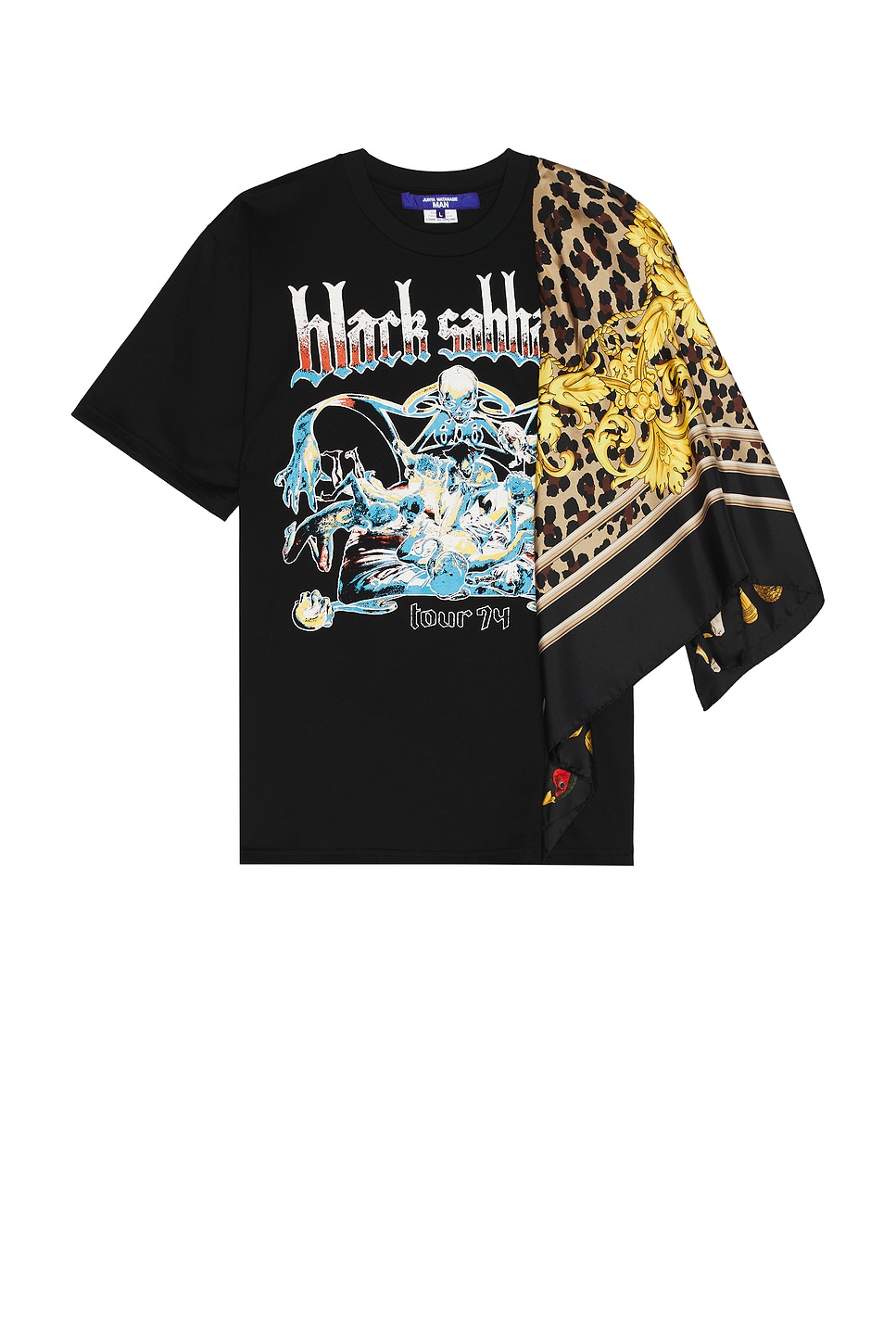 Image 1 of Junya Watanabe x Black Sabbath Graphic And Silk Scarf Tee in Black, Navy, Yellow, & Brown