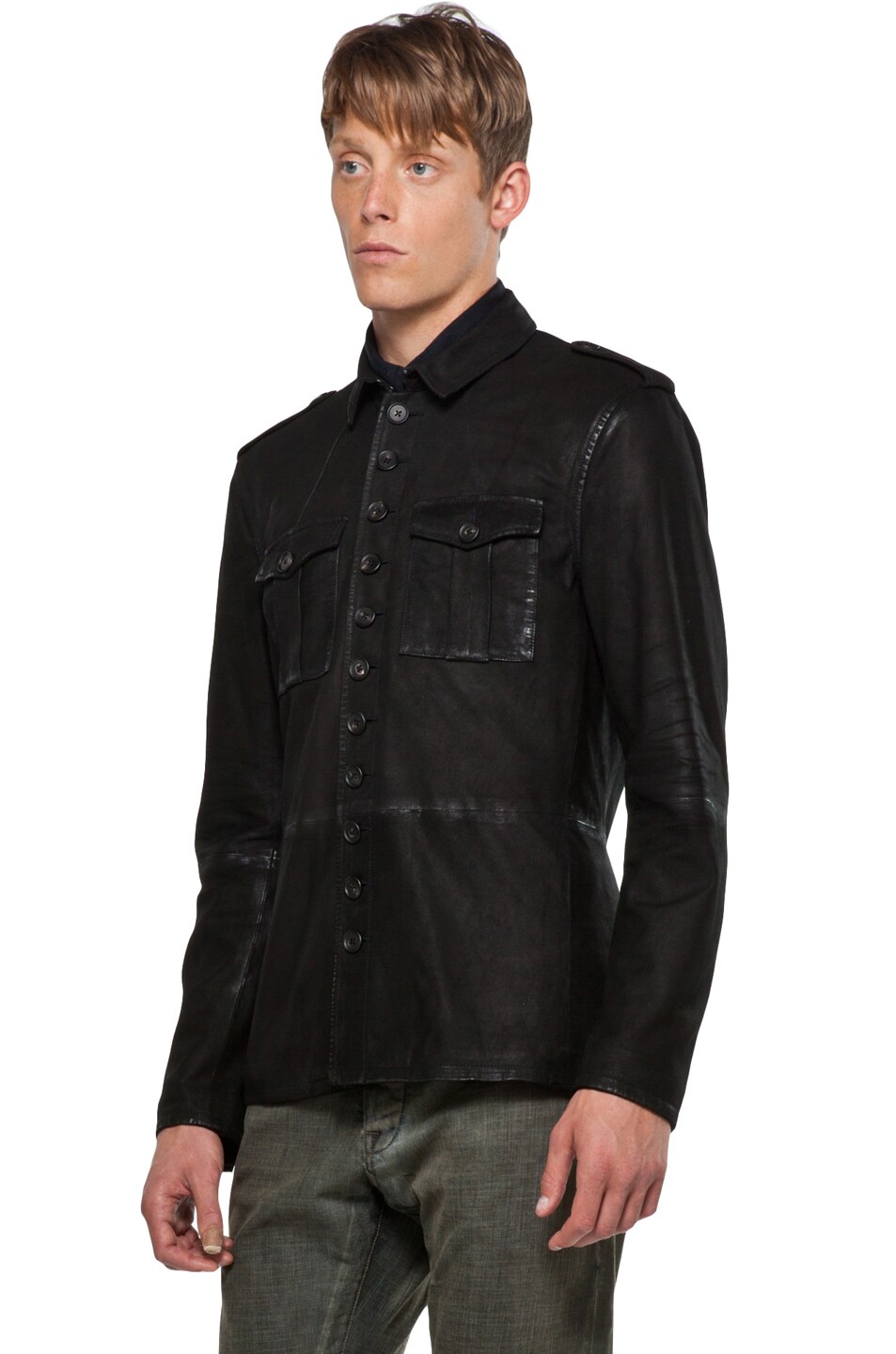 John Varvatos Modern Military Button Front Leather Shirt Jacket in