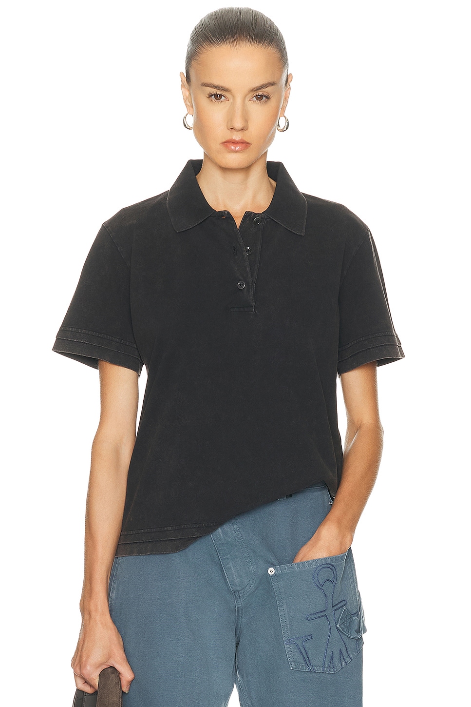 Jw Anderson Mens Washed Black Layered Embroidered-logo Cotton-pique Polo Shirt In Black