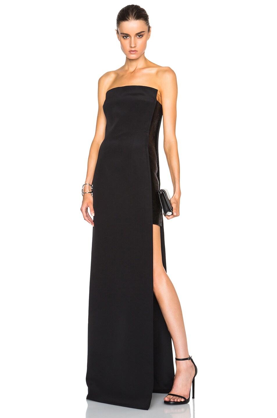 Image 1 of KAUFMANFRANCO Crepe & Bugle Strapless Gown in Onyx