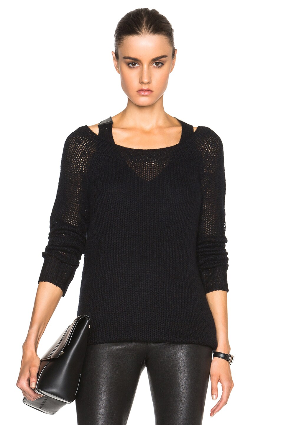 Image 1 of KAUFMANFRANCO Cashmere Gauze Sweater with Leather in Onyx
