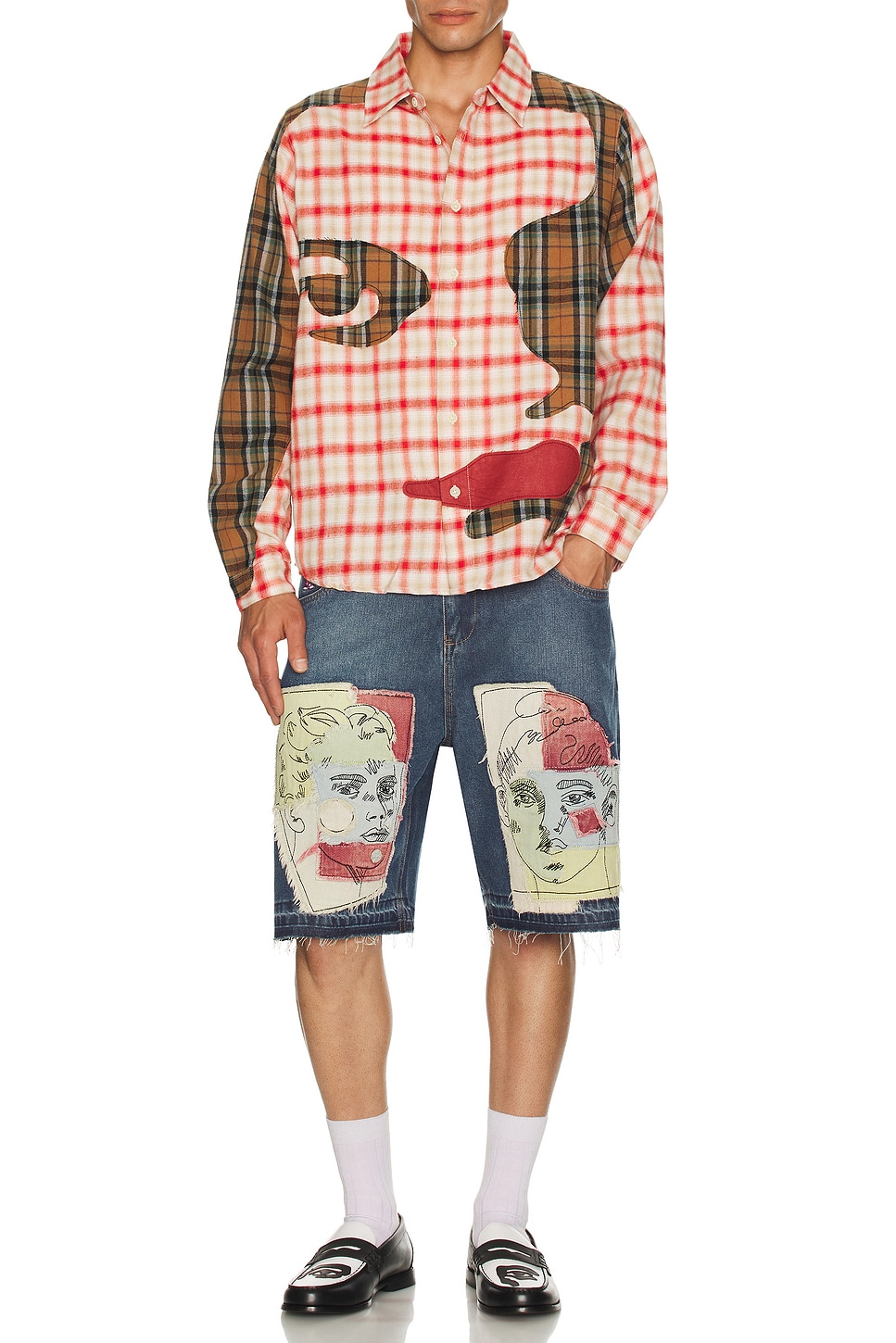 Image 1 of KidSuper Boy & Girl Doodles Patchwork Baggy Shorts in Dark Wash