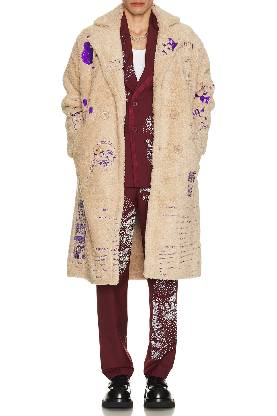 Image 1 of KidSuper Embroidered Sherpa Fleece Overcoat in Cream