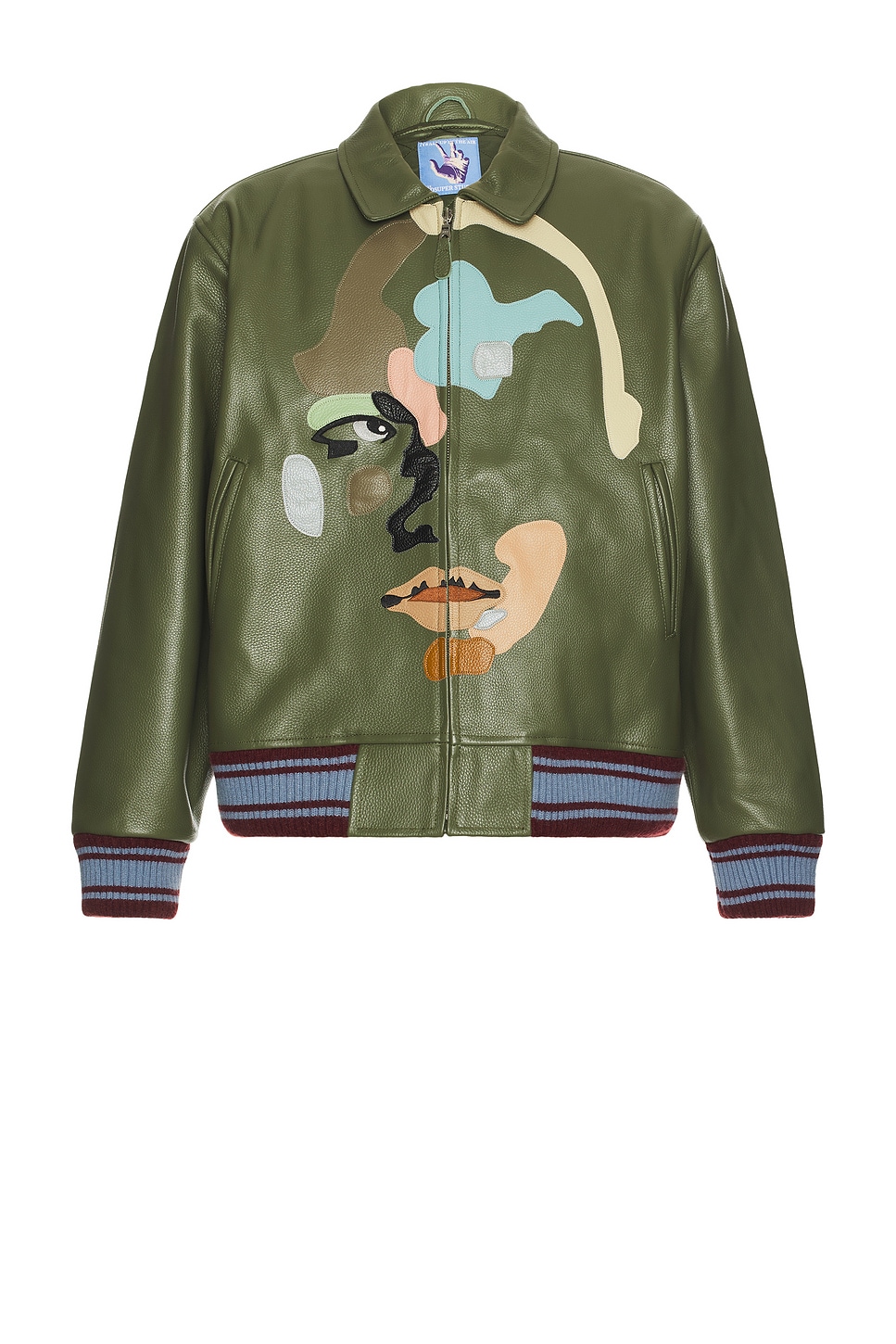 Patchwork Face Leather Varsity Jacket in Army