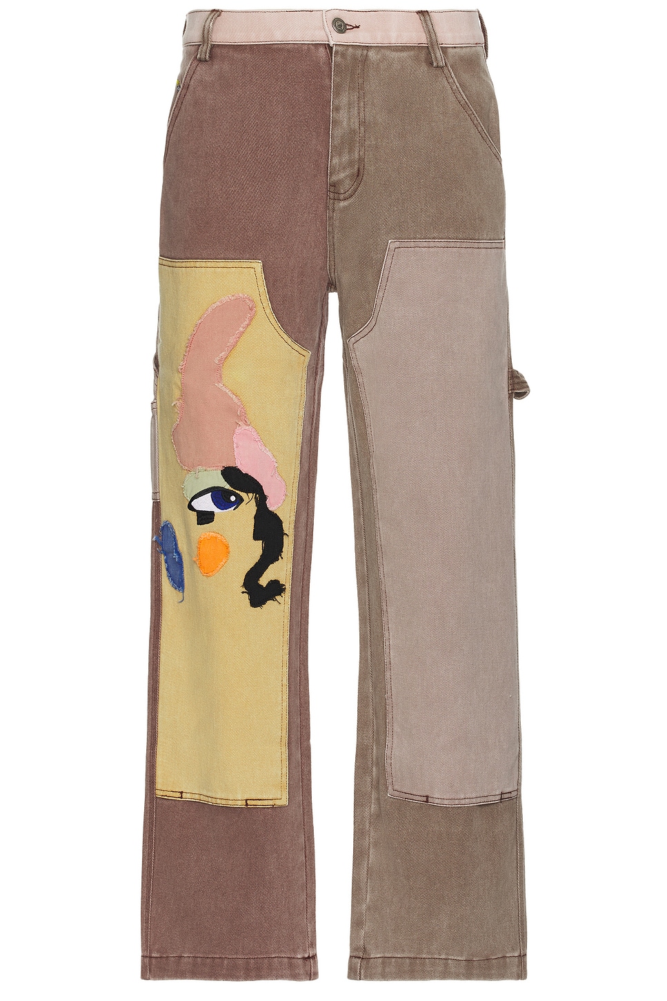 Patchwork Face Double Knee Pants in Brown