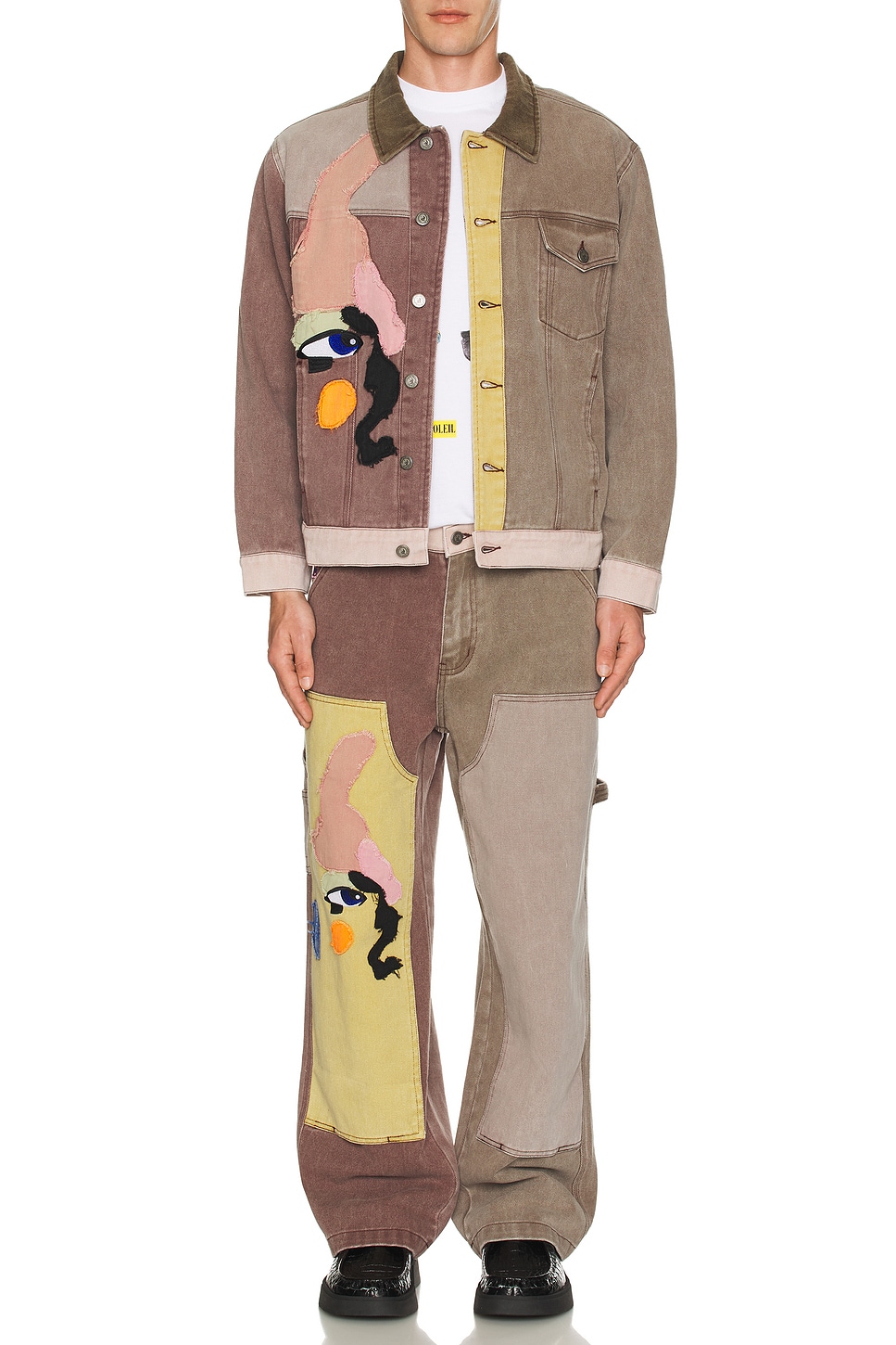 Image 1 of KidSuper Patchwork Face Double Knee Pants in Brown & Multi