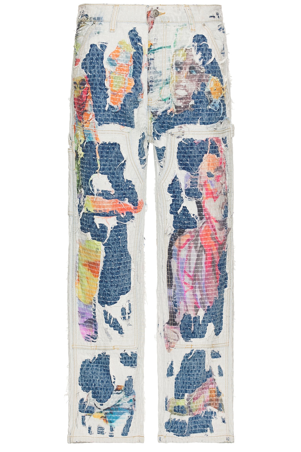 Boro Stitched Double Knee Pants in White,Blue