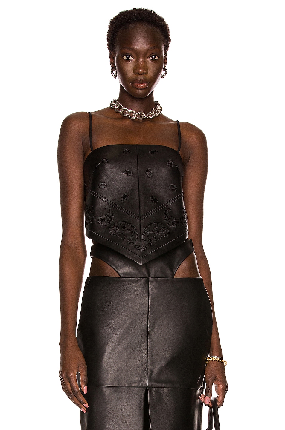 Image 1 of KENDRA DUPLANTIER Carmen Embroidered Leather Tank in Black