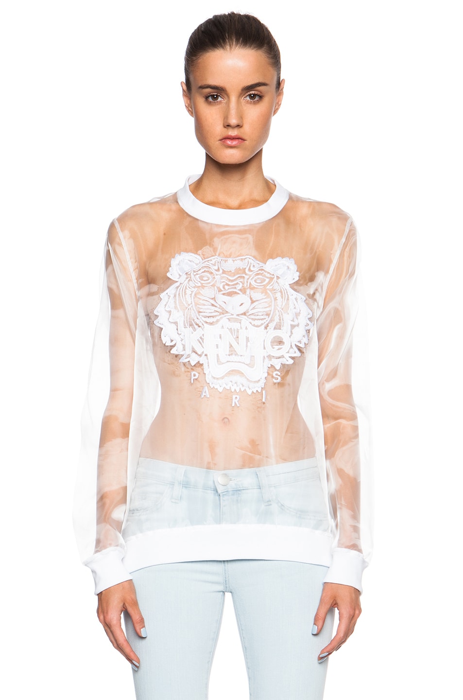 Image 1 of Kenzo Solid Embroidered Organza Tiger Sweatshirt in White
