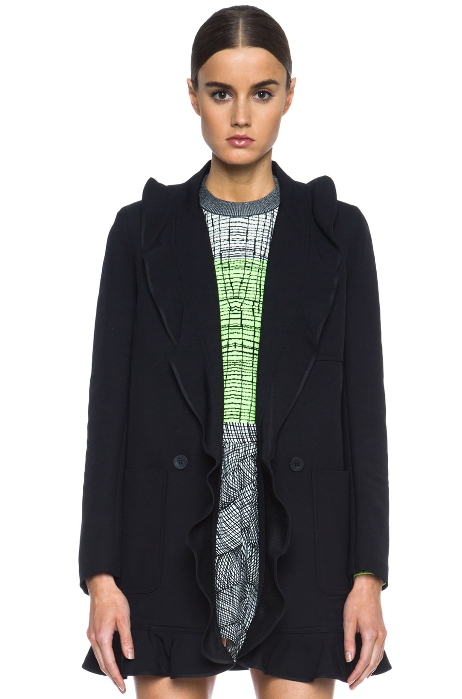Image 1 of Kenzo Ruffled Twill Tech Wool Coat in Black