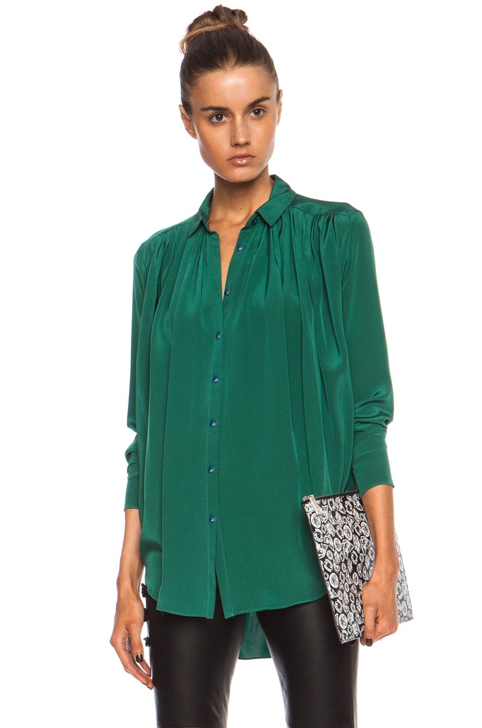 Image 1 of Kenzo Draped Crepe De Chine Button Front Blouse in Bottle Green