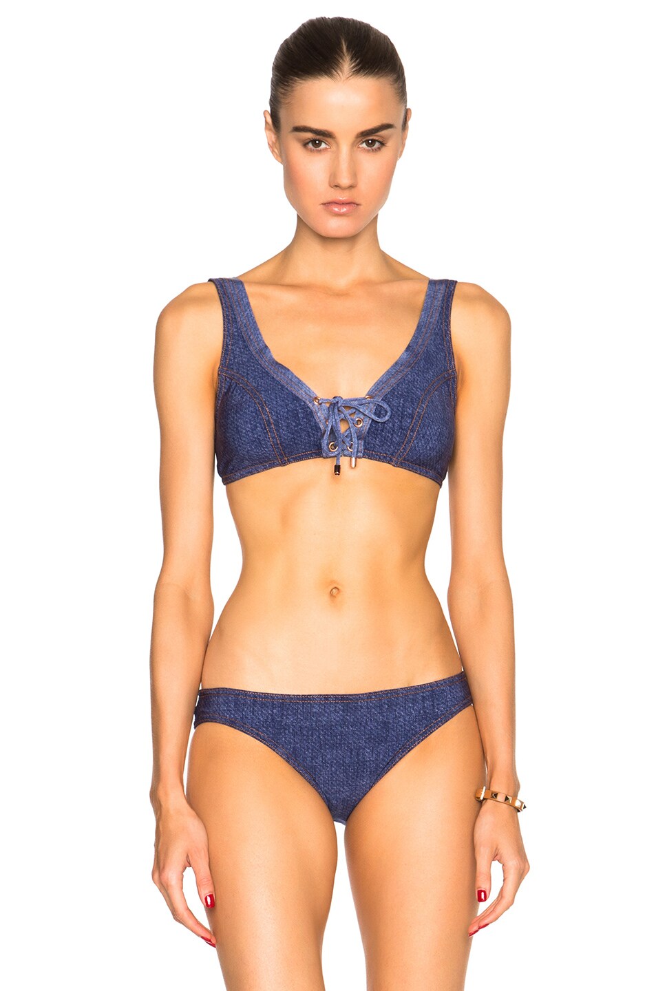 Image 1 of Karla Colletto Denim Crop Bikini Top in Blue