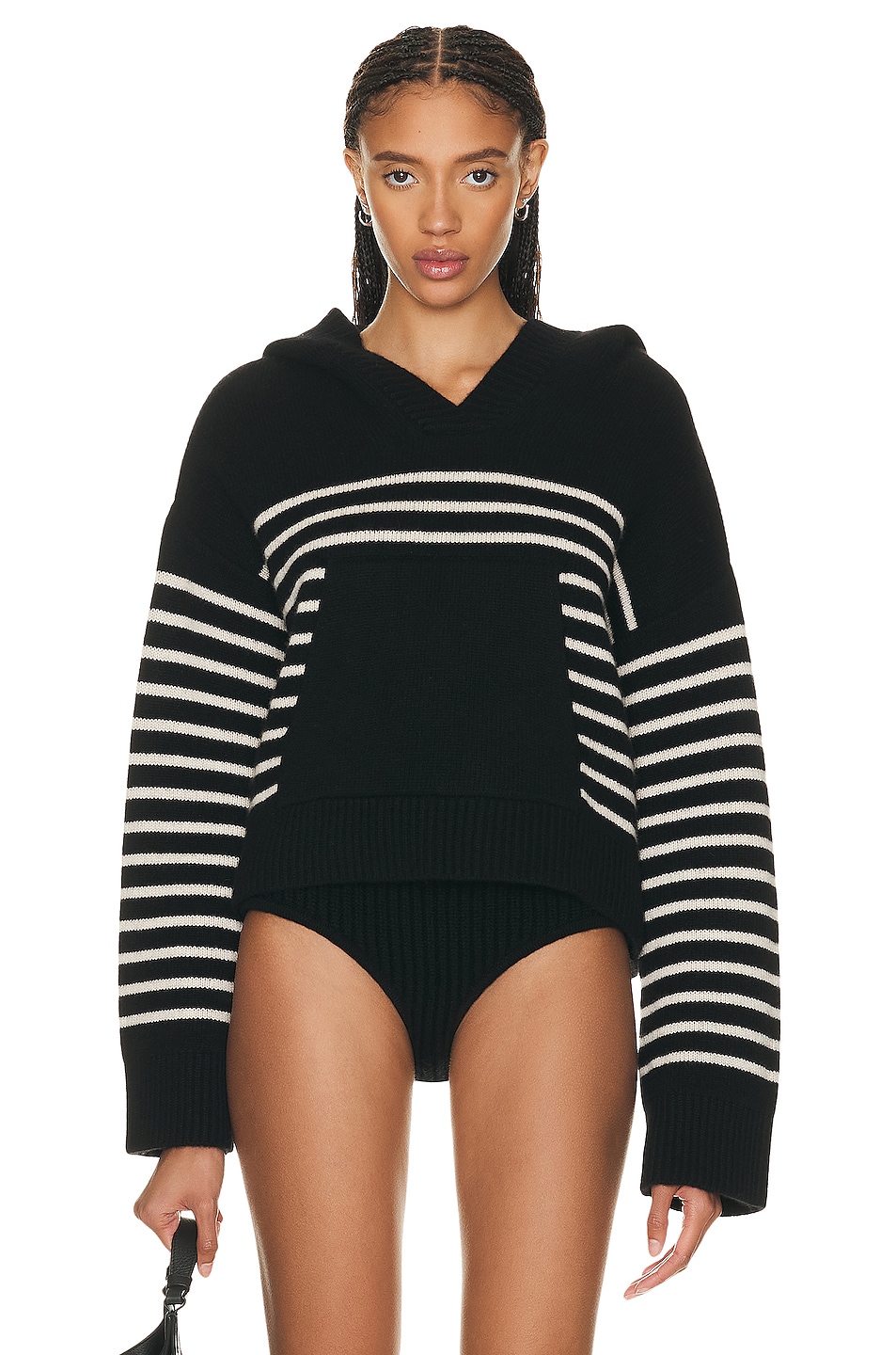 Image 1 of KHAITE Cruz Cashmere Hoodie In Black & Custard Stripe in Black & Custard Stripe