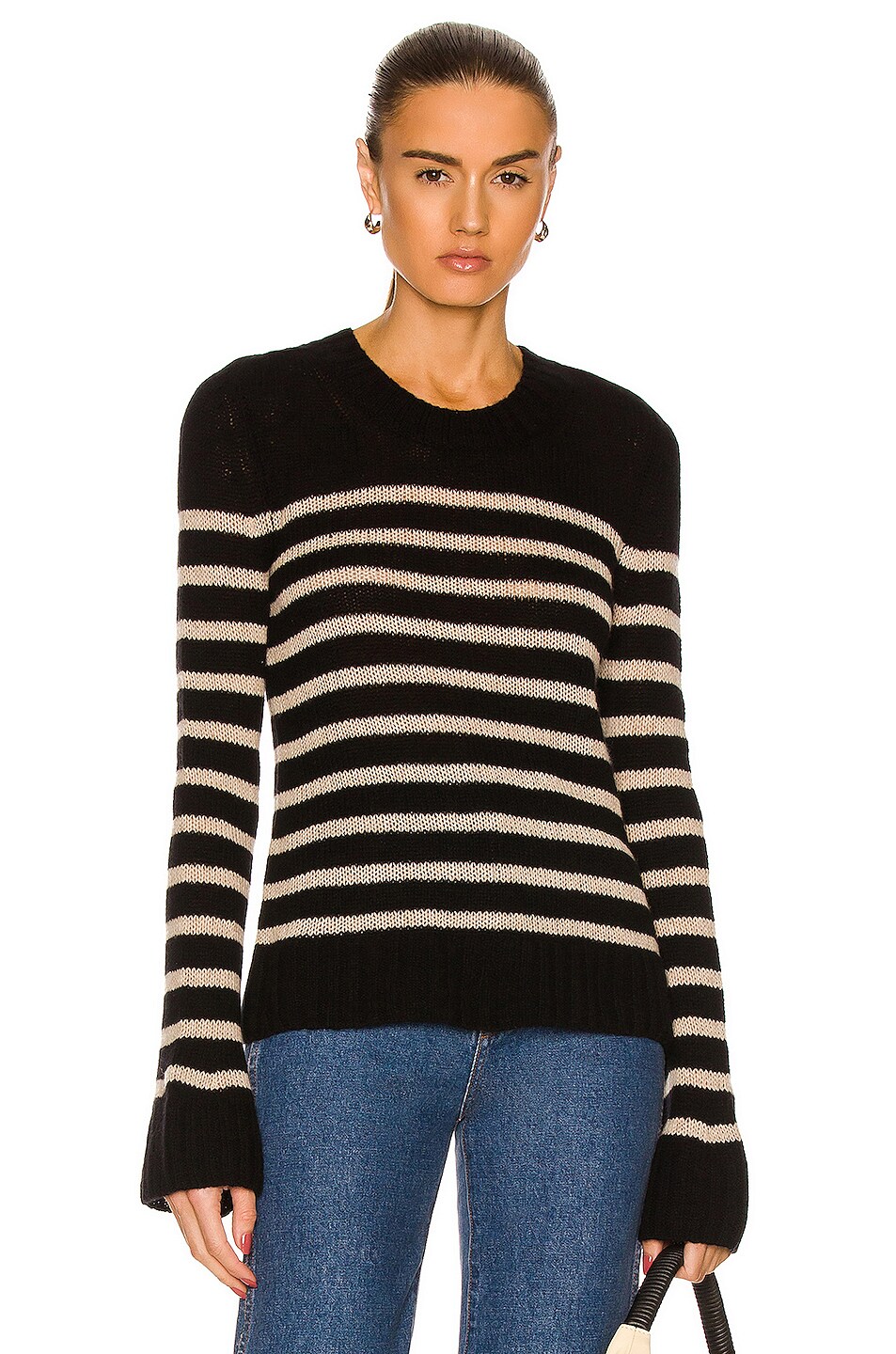 Image 1 of KHAITE Tilda Crewneck Marnier Stripe Sweater in Black & Powder Stripe
