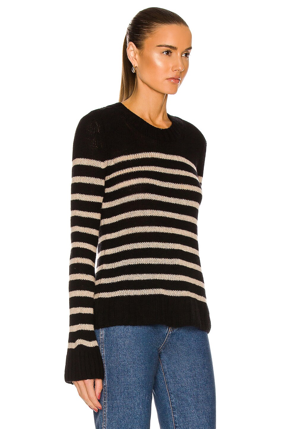 KHAITE Tilda Crewneck Marnier Stripe Sweater in Black & Powder Stripe ...