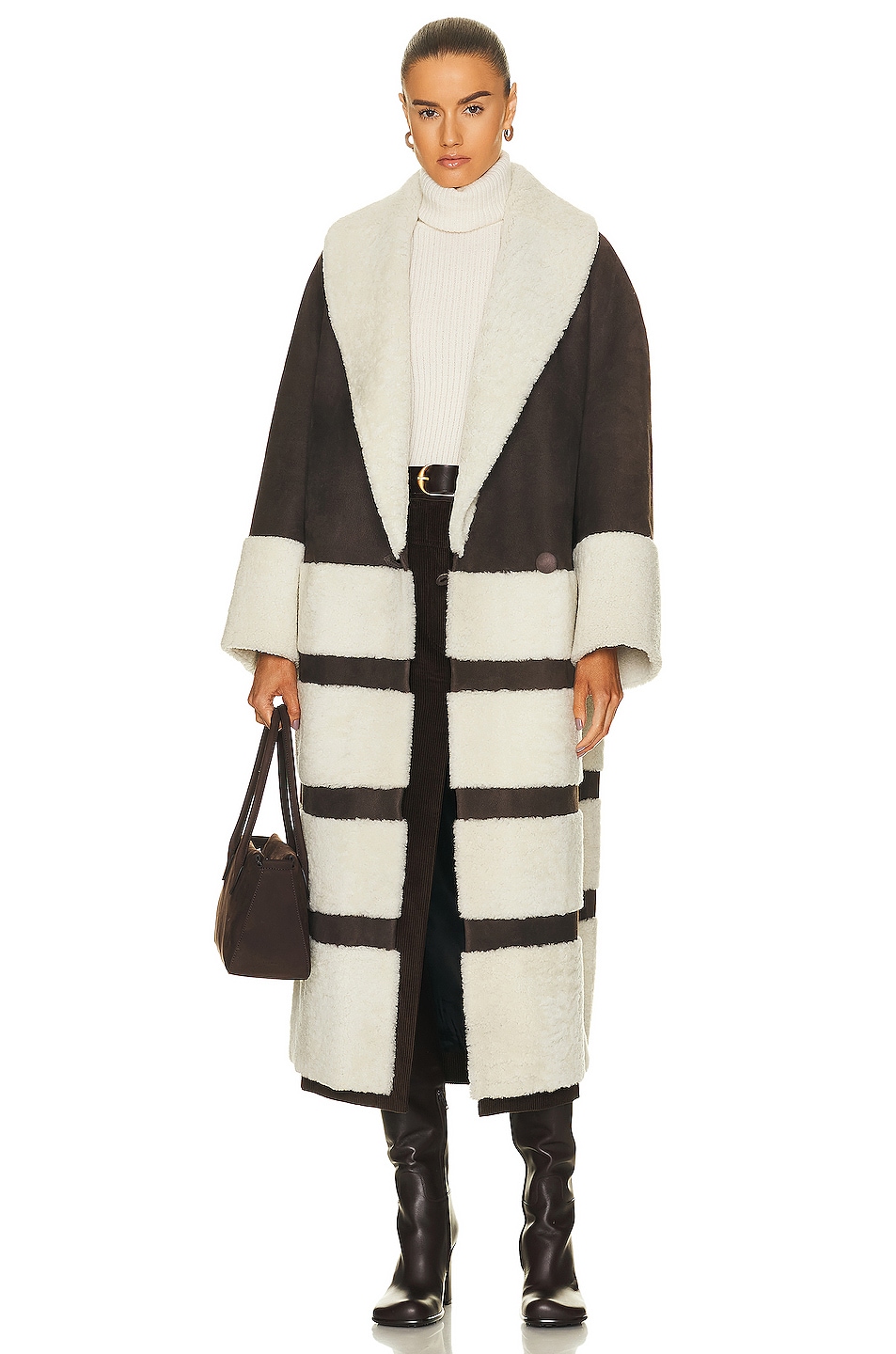Image 1 of KHAITE Pia Paneled Shearling and Suede Coat in Bone/Brown