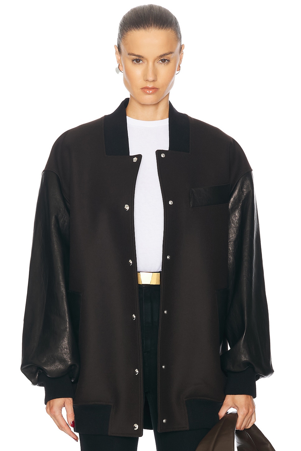 Image 1 of KHAITE Spencer Leather Combo Jacket in Dark Brown