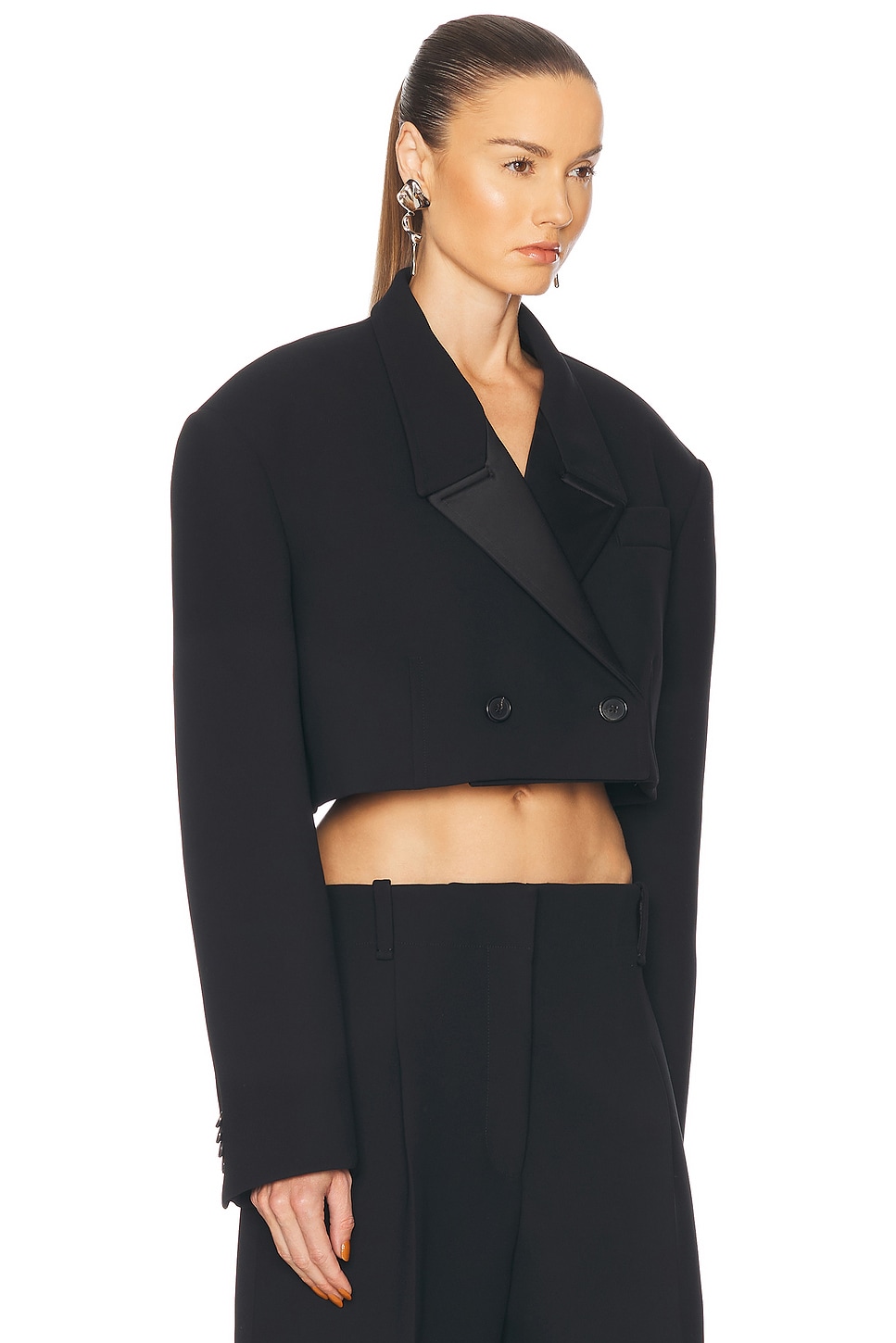 Khaite Nando Oversize Satin Back Crepe Crop Jacket In Black