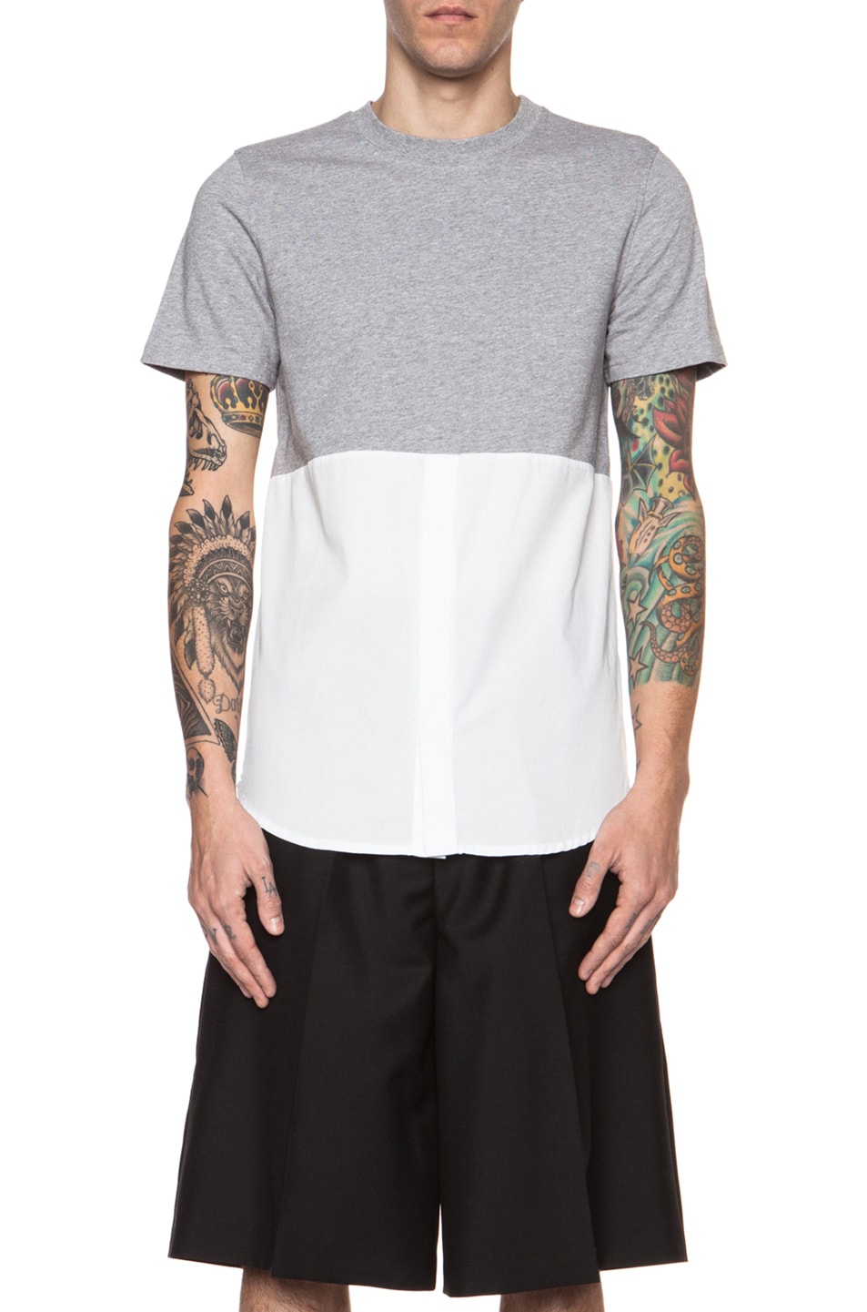 Image 1 of Kris Van Assche Hybrid Shirting Cotton Sweat Top in Grey & White