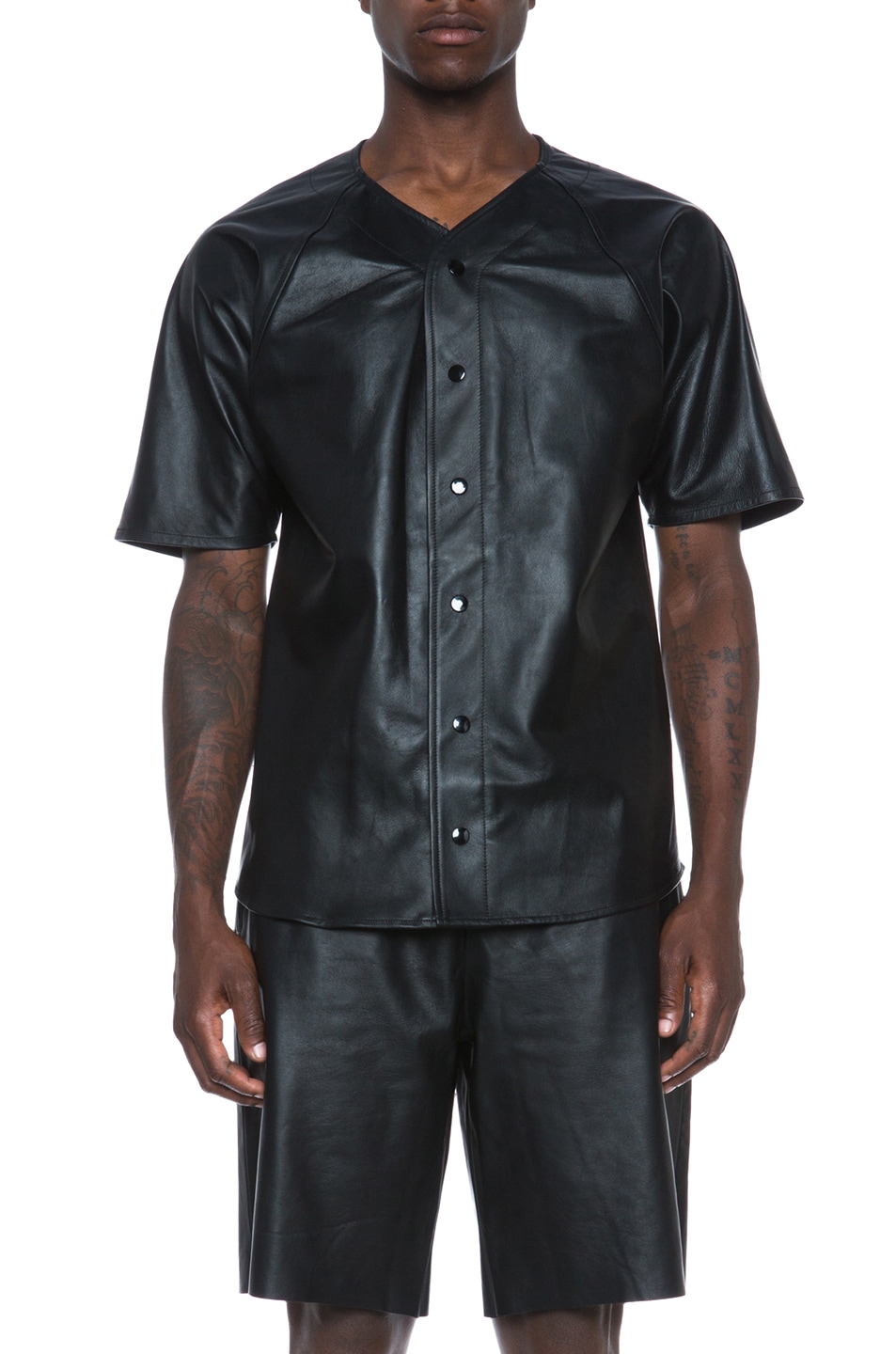 Image 1 of Laer Leather Baseball Jersey in Black