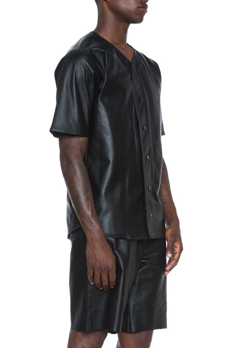Laer Leather Baseball Jersey in Black FWRD